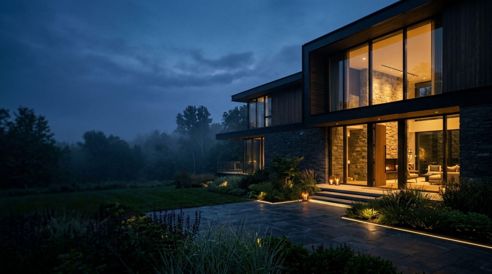 A modern luxury home glowing at dusk