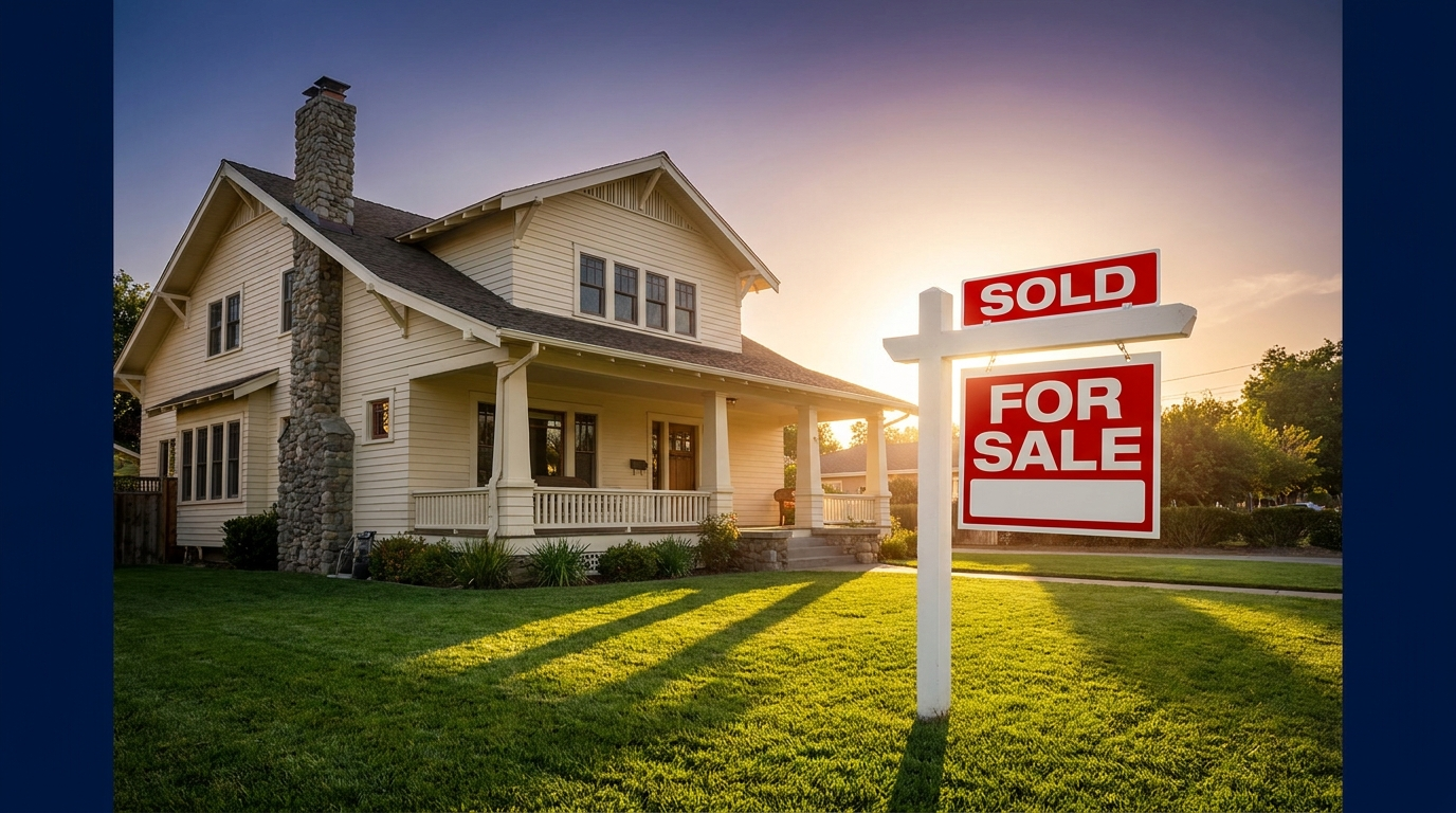A sold suburban home at golden hour